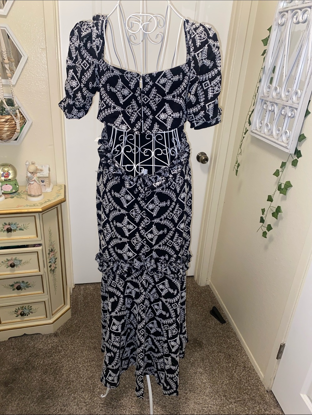 ASOS Black and White Geometric Puff-Sleeve Midi Dress